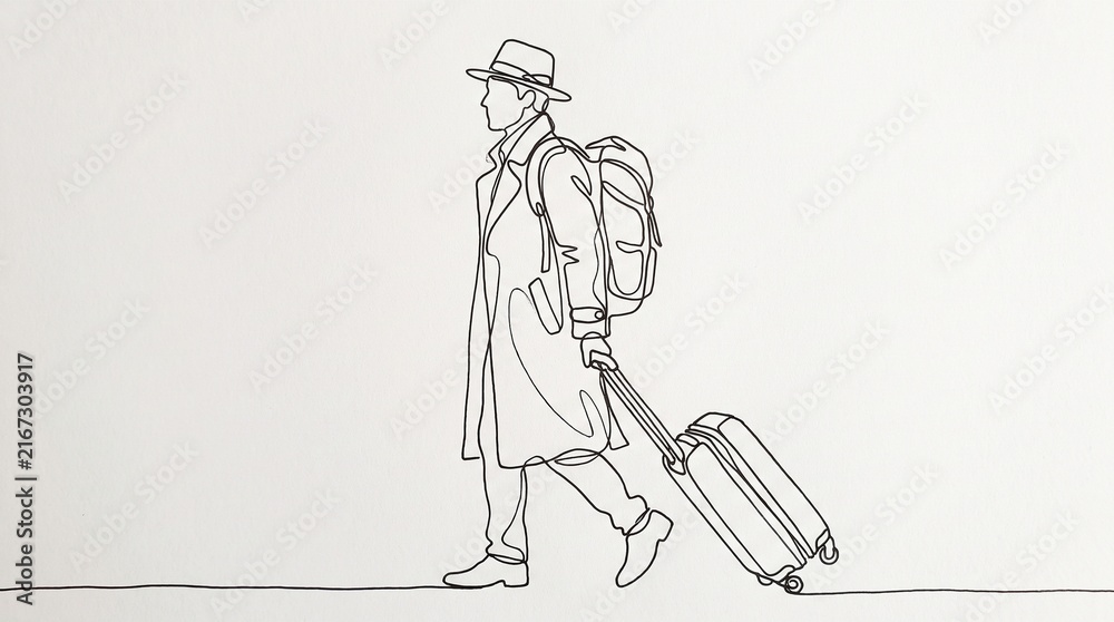 Obraz premium Minimalist continuous line drawing of a traveler, man walking with suitcase and backpack, modern travel concept art