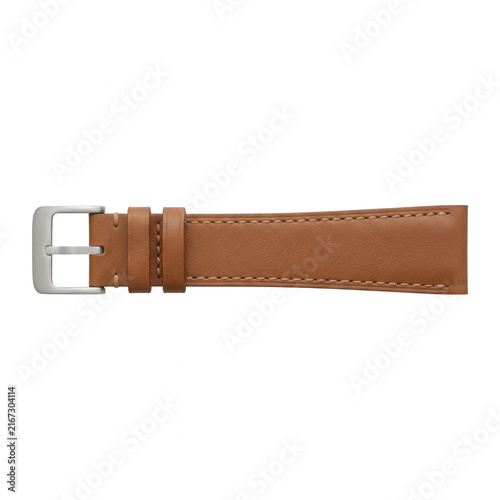 Bracelet de montre classique en cuir véritable marron clair avec boucle ardillon en métal argenté, isolé sur fond blanc pour détourage.