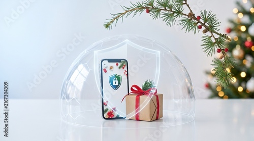 Woman holding smartphone with online shopping app and gift package on white background