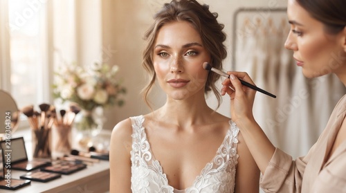 Bride having makeup applied by a professional makeup artist before wedding day ceremony