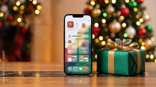 Smartphone displaying festive social media app beside wrapped Christmas gift on wooden table