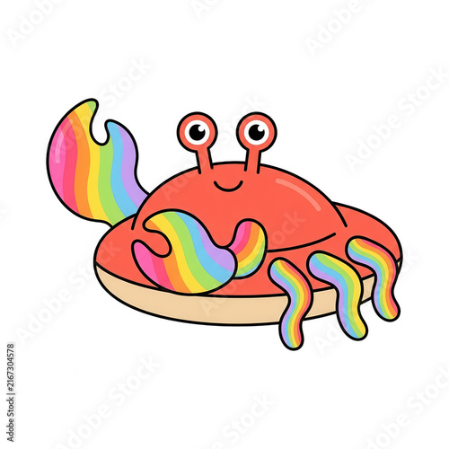 Illustration vectorielle d'un crabe mignon avec des pinces et des pattes arc-en-ciel, symbole de la fierté LGBT, isolé sur fond blanc.