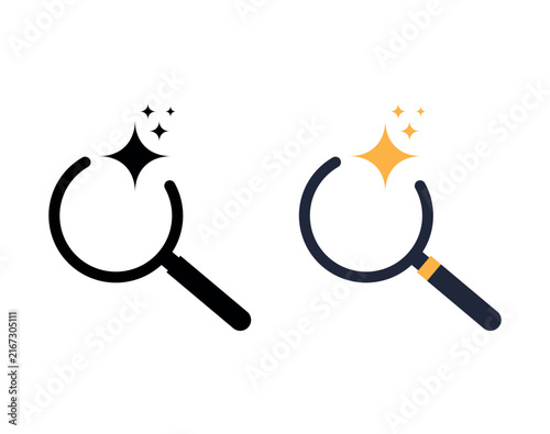 Sparkling and clean magnifying glass vector icon set featuring magic star effects