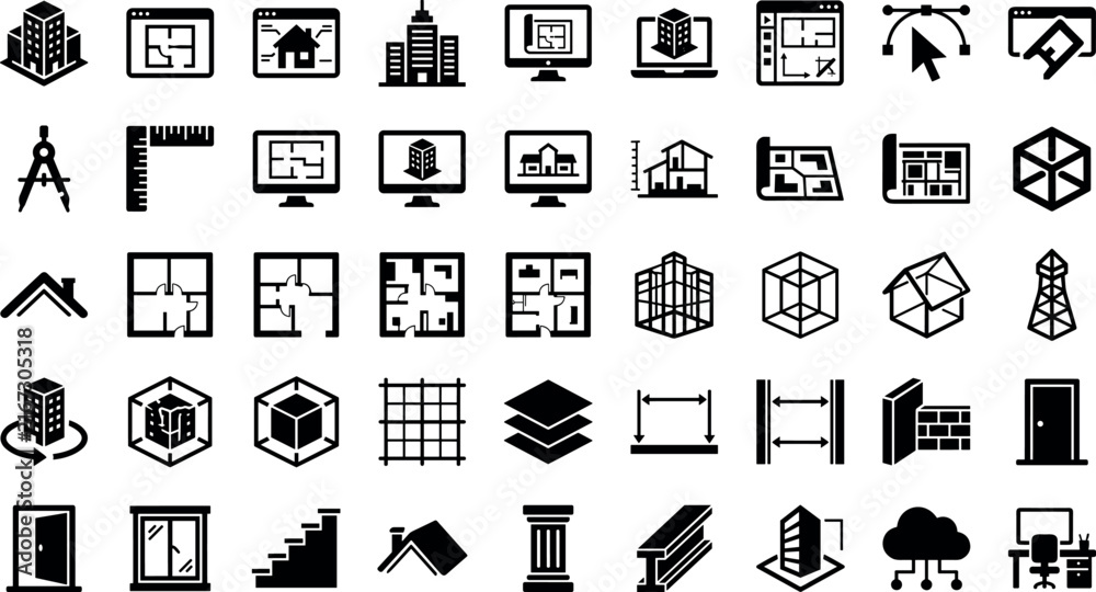 Obraz premium CAD Architectural Software and 3D Modeling Vector Silhouette Icon Set for Building Information Modeling BIM, Floor Plans, Wireframes, and Engineering Design