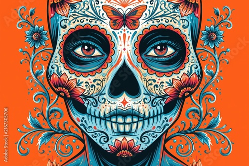 Vibrant Day of the Dead Inspired Sugar Skull Portrait with Floral Ornamentation and Butterfly Face Art on Bold Orange Background