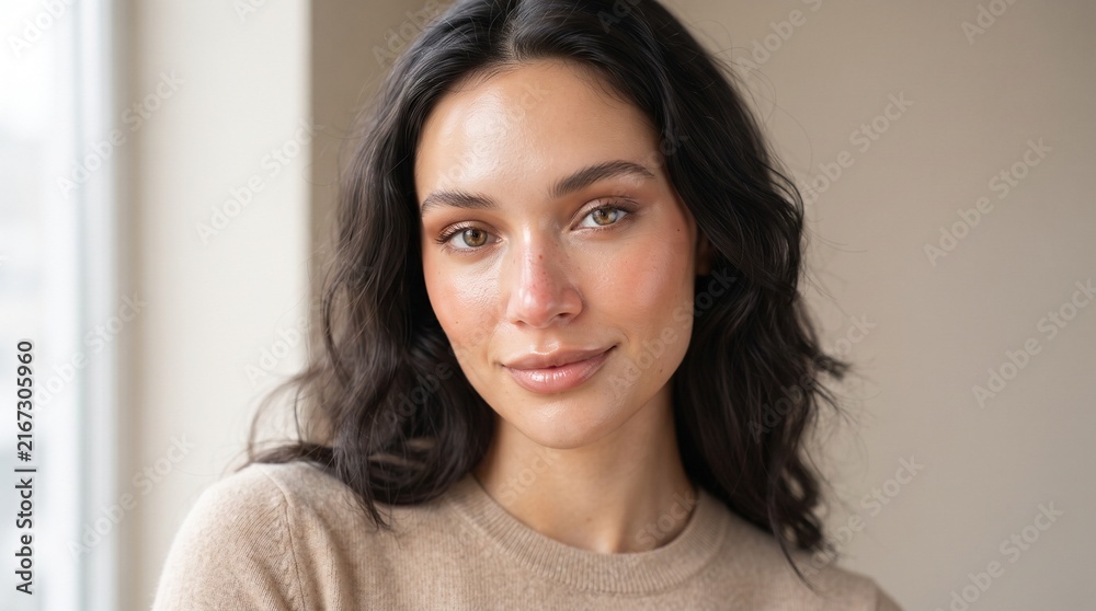 Fototapeta premium Beautiful woman showcasing flawless skin after a professional makeup artist foundation application