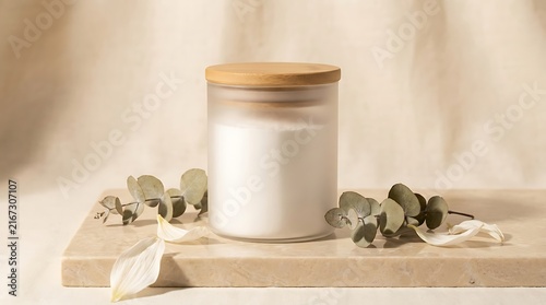A frosted glass candle jar with a bamboo lid placed on a stone tray with fresh green eucalyptus leaves. sodium bicarbonate branding