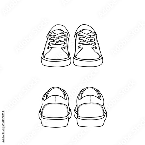 A simple line art illustration showing a pair of kids' sneakers from both the front and back views. Isolated on a white background