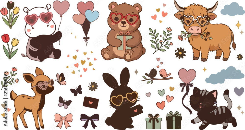 Naklejka premium Cute Valentine Animals Heart Glasses Scandinavian Premium Hand Drawn Vector Clipart Collection