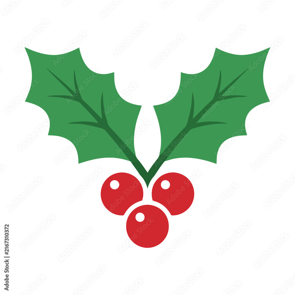 Obraz premium Christmas holly leaves with three red berries icon for winter holiday season decoration design Vector
