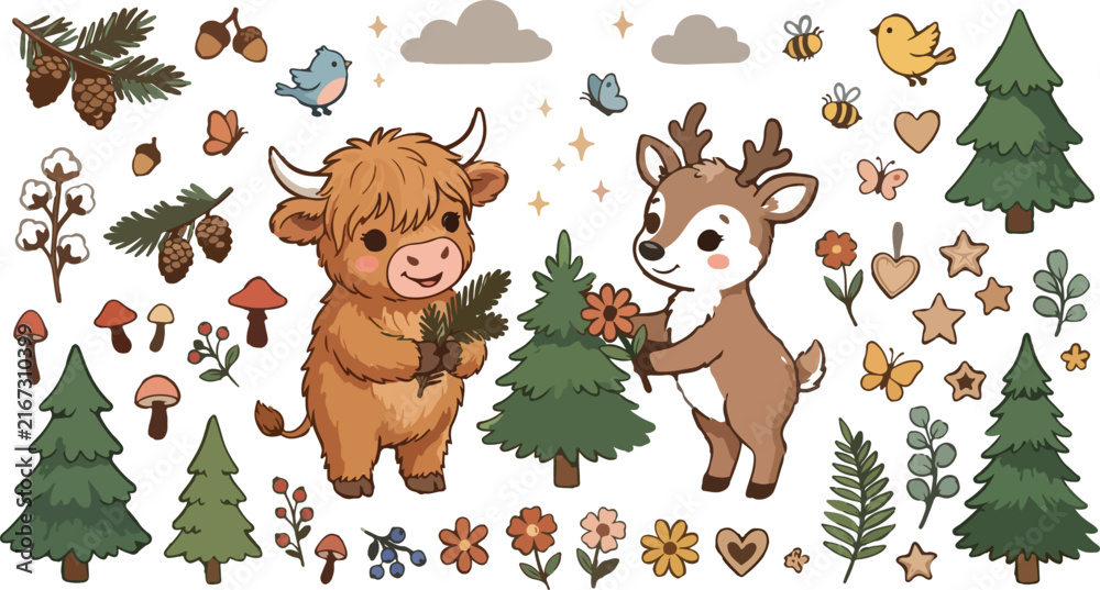 Naklejka premium Scandinavian Highland Cow And Reindeer Nursery Premium Hand Drawn Vector Illustration Set
