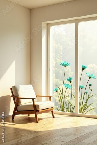 Serene Sunlight Illuminating a Light-Colored Chair Beside a Window Adorned with a Floral Design Featuring Teal Flowers on a Glass Panel