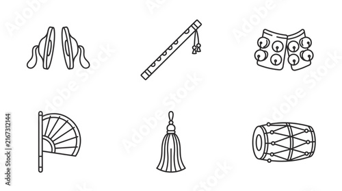 Collection of Indian musical instruments and cultural icons in line art style
