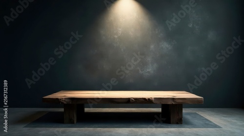 Rustic wooden table displayed against a dark textured wall illuminated by a single spotlight, creating a dramatic and minimalist setting ideal for product photography or design presentations.