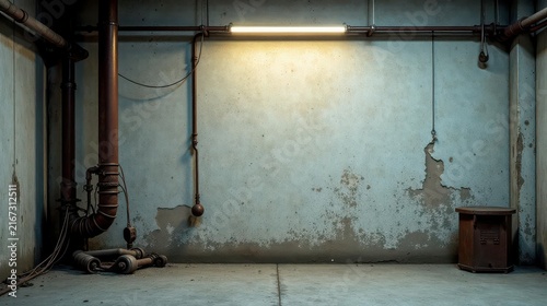 A dimly lit, aged industrial space with exposed pipes, a worn concrete wall, and a solitary, antique cabinet