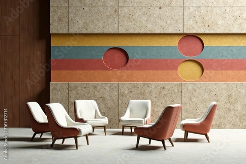 Modern Mid-Century Inspired Lounge Seating Arrangement with Abstract Wall Art Featuring Geometric Shapes and Earthy Tones