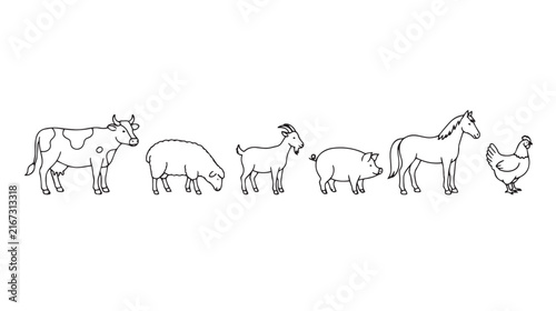 Hand-drawn farm animals collection, minimalist line art livestock set, black and white cow horse pig sheep goat chicken vector illustrations