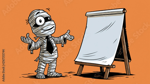 Whimsical illustration of a cheerful mummy character wrapped in neat bandages while wearing a business necktie, standing beside a flip chart and gesturing mid-presentation, bright