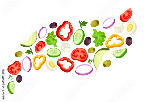 Background wave with vegetables. Fresh products for Greek salad. Mediterranean diet.