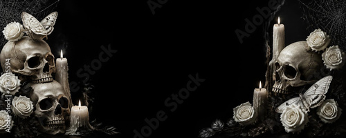Gothic still life with skulls, white roses, candles and moths