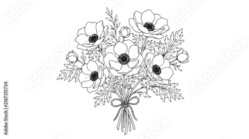 Vintage anemone flower bouquet vector, hand drawn floral line art, black and white botanical wedding illustration, elegant garden blossom sketch