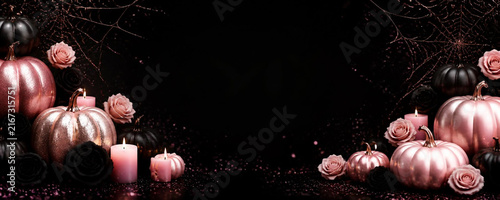 Elegant halloween background with pink pumpkins and black roses