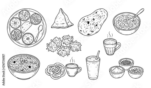 Indian Food Hand Drawn Doodle Collection with Curry Samosa Naan Biryani and Chai Vector Illustration
