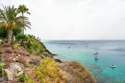 Coastal cliff with palm trees overlooking turquoise bay with anchored sailboats.