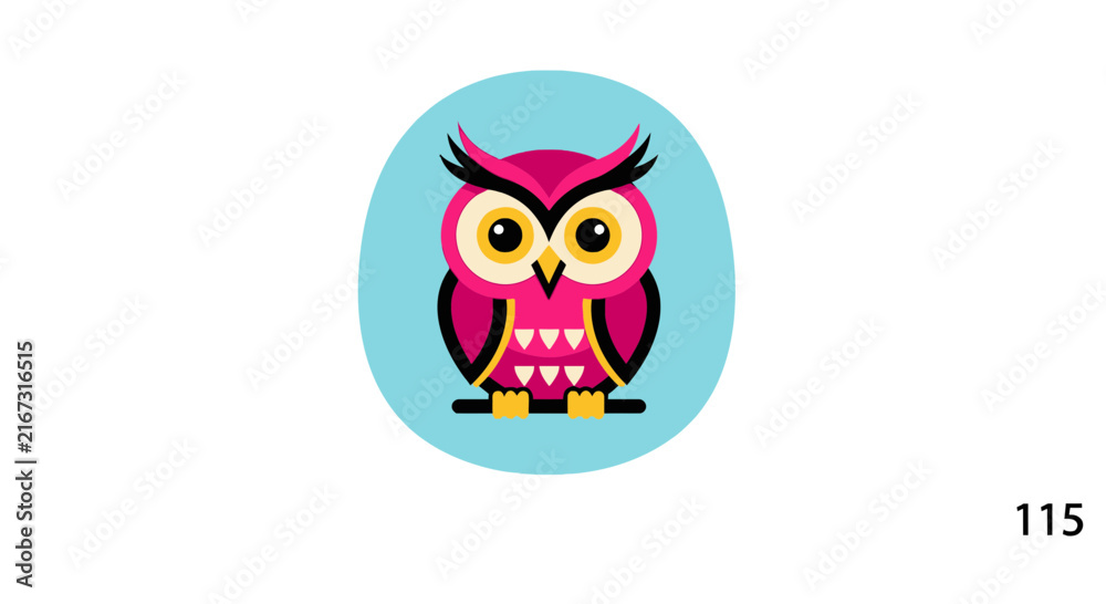 Fototapeta premium Cute Pink Owl Illustration Isolated on Blue Circle Background, Cartoon Style Bird