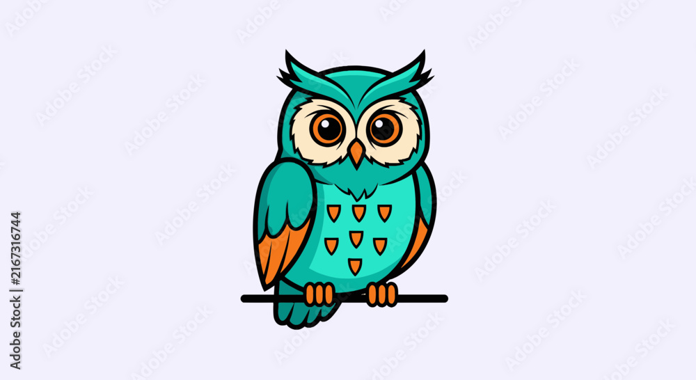 Fototapeta premium Cute Teal Owl Cartoon Character Sitting on a Branch, Isolated
