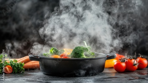 Steaming vegetables in a black pot with carrots, tomatoes, and bell peppers