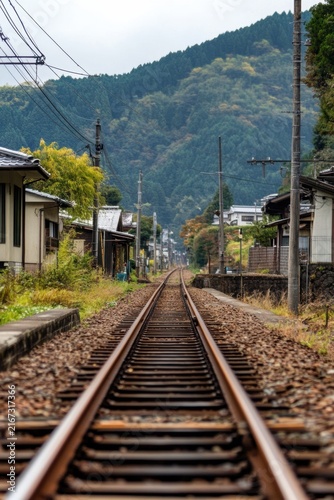 Train tracks receding into a village nestled at the base of a forested mountain