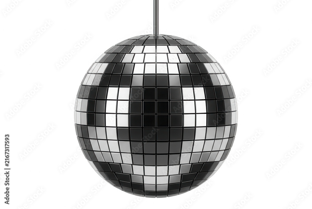Fototapeta premium Eine glänzende, silberne Discokugel mit quadratischen Spiegelplättchen, die vor einem sauberen weißen Hintergrund hängt und eine festliche Party-Atmosphäre erzeugt.