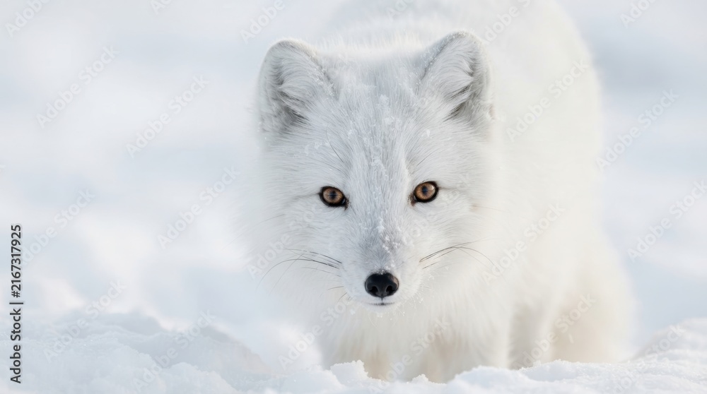 Naklejka premium Arctic Fox in Winter Snow: A majestic arctic fox, its pristine white fur blending seamlessly with the snowy landscape, peers intently at the camera with striking amber eyes.