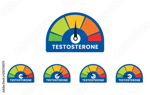 Testosterone level gauge and speedometer vector icon set with varying needle positions