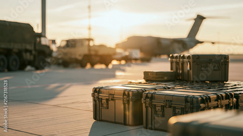 Military equipment cases on airfield tarmac, preparing for logistics and air transport at sunset