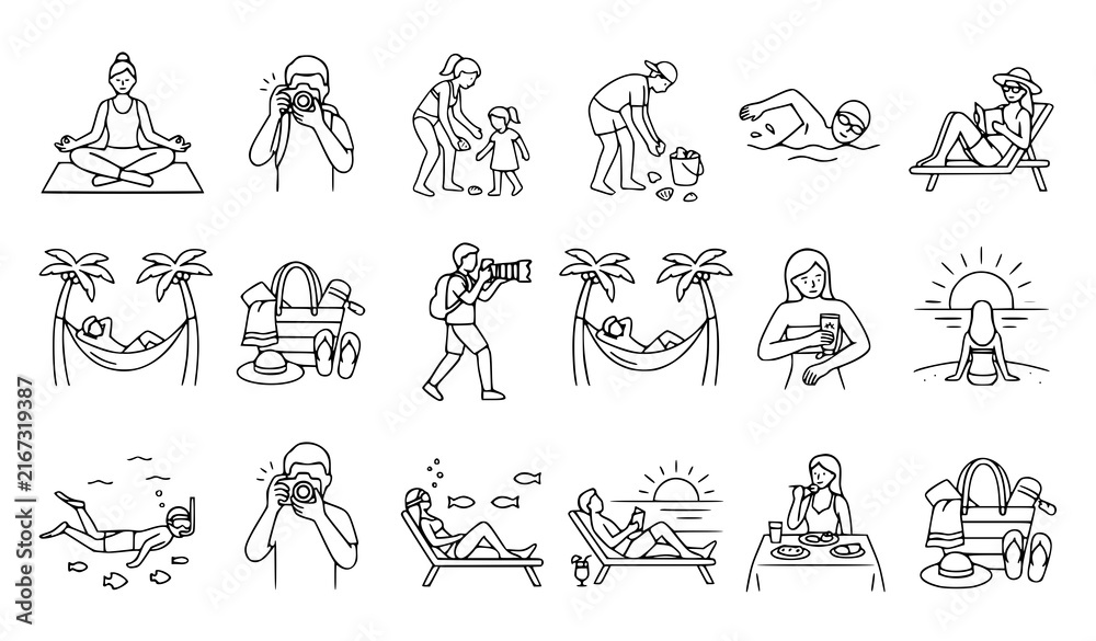 Obraz premium Wellness and Relaxation Icon Set with Meditation, Yoga, Massage, Swimming, Hammock, Spa, and Outdoor Leisure Activities