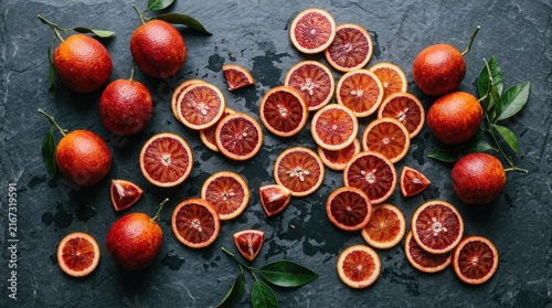 Blood Oranges Artfully Arranged: A vibrant display of fresh blood oranges, whole and sliced, scattered across a textured dark surface, garnished with green leaves.