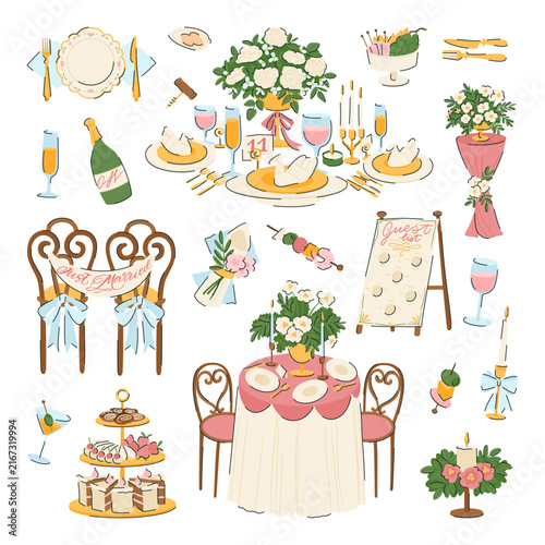 Colorful Wedding Dinner Decorations Elements Set.