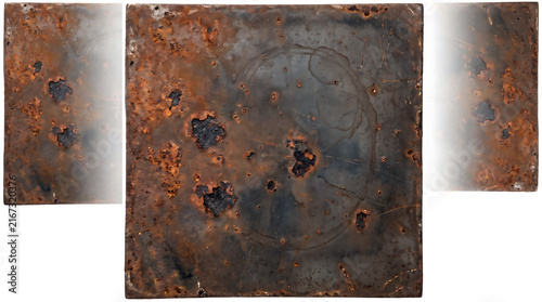 Three rectangular metal plates with heavy rust patches, corroded iron surfaces, and scratched gray steel textures on a white background