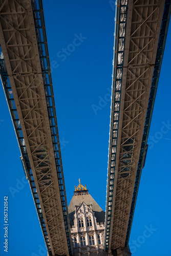 Looking up view of the Tower Bridge in London