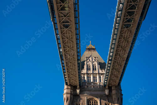 Looking up view of the Tower Bridge in London