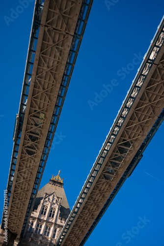 Looking up view of the Tower Bridge in London