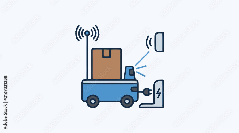 Naklejka premium Electric delivery truck with package and wireless signal.