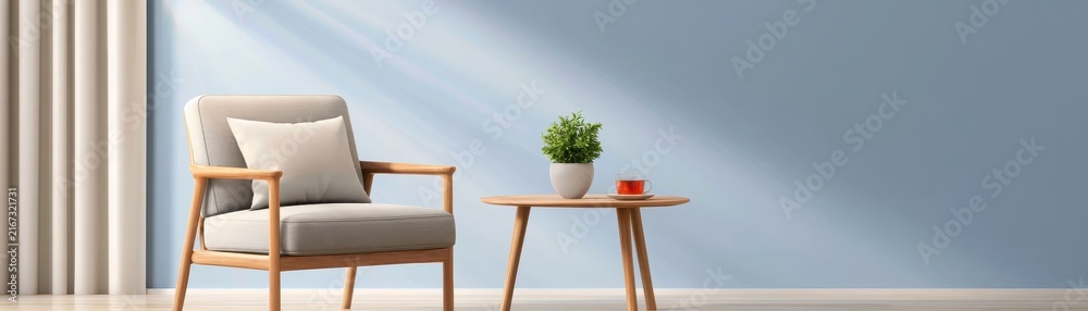 Fototapeta premium Relaxing wellness corner with natural wood furniture, soft cushions, indoor plants, herbal beverage and sunlight through curtains, peaceful home atmosphere, realistic commercial photography