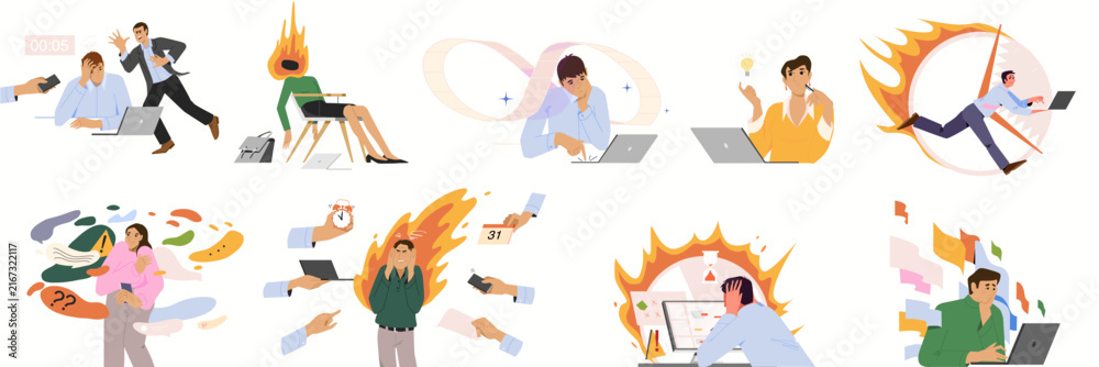 Obraz premium Office workers experiencing emotional burnout and stress set