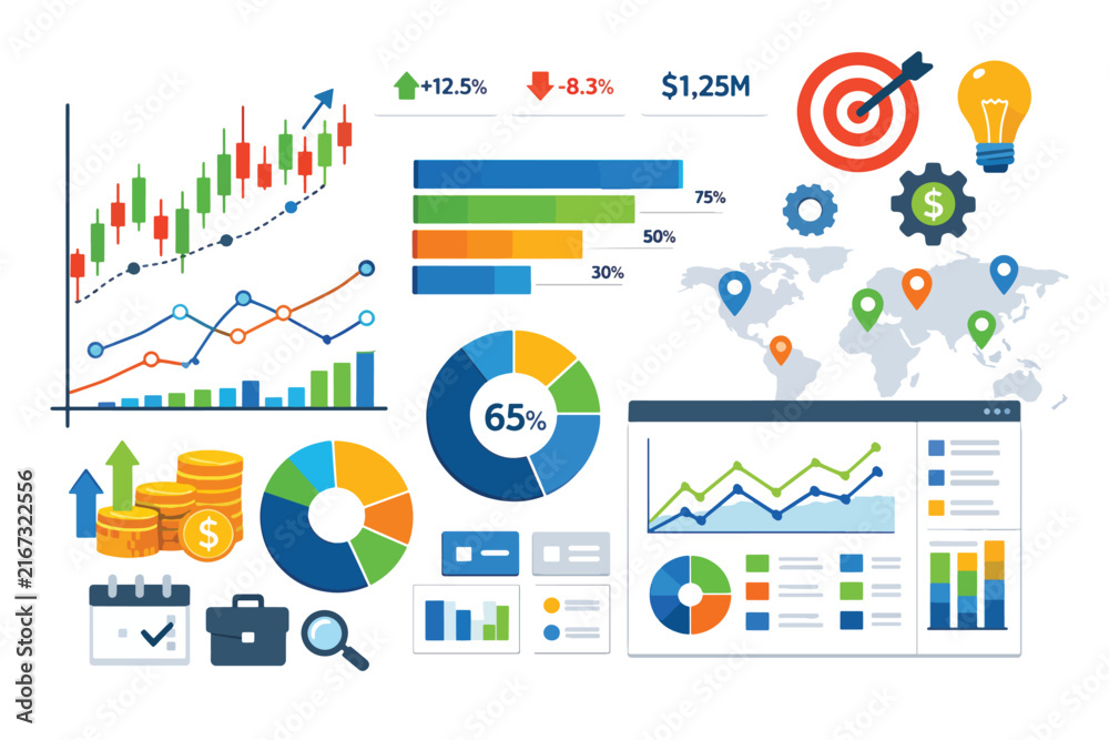 Naklejka premium Business infographic with charts, graphs, and financial icons