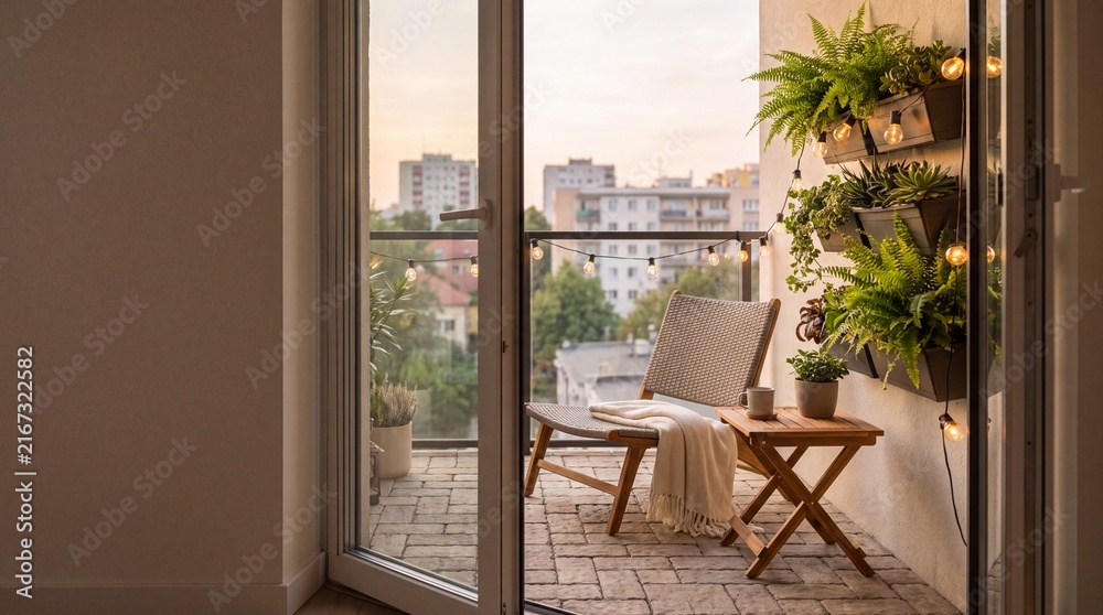 Naklejka premium cozy apartment balcony with lounge chair plants and string lights