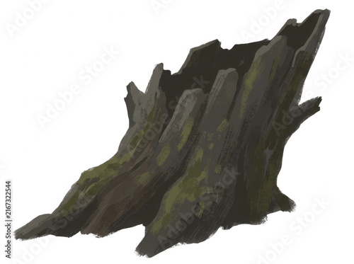 Un tocón de árbol viejo y desgastado con corteza oscura y texturizada, aislado sobre un fondo blanco, representando la naturaleza muerta y el ciclo de vida forestal en una ilustración detallada.