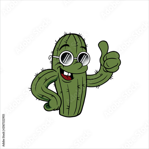 Cool Cartoon Cactus Character Giving Thumbs Up With Sunglasses and Big Smile